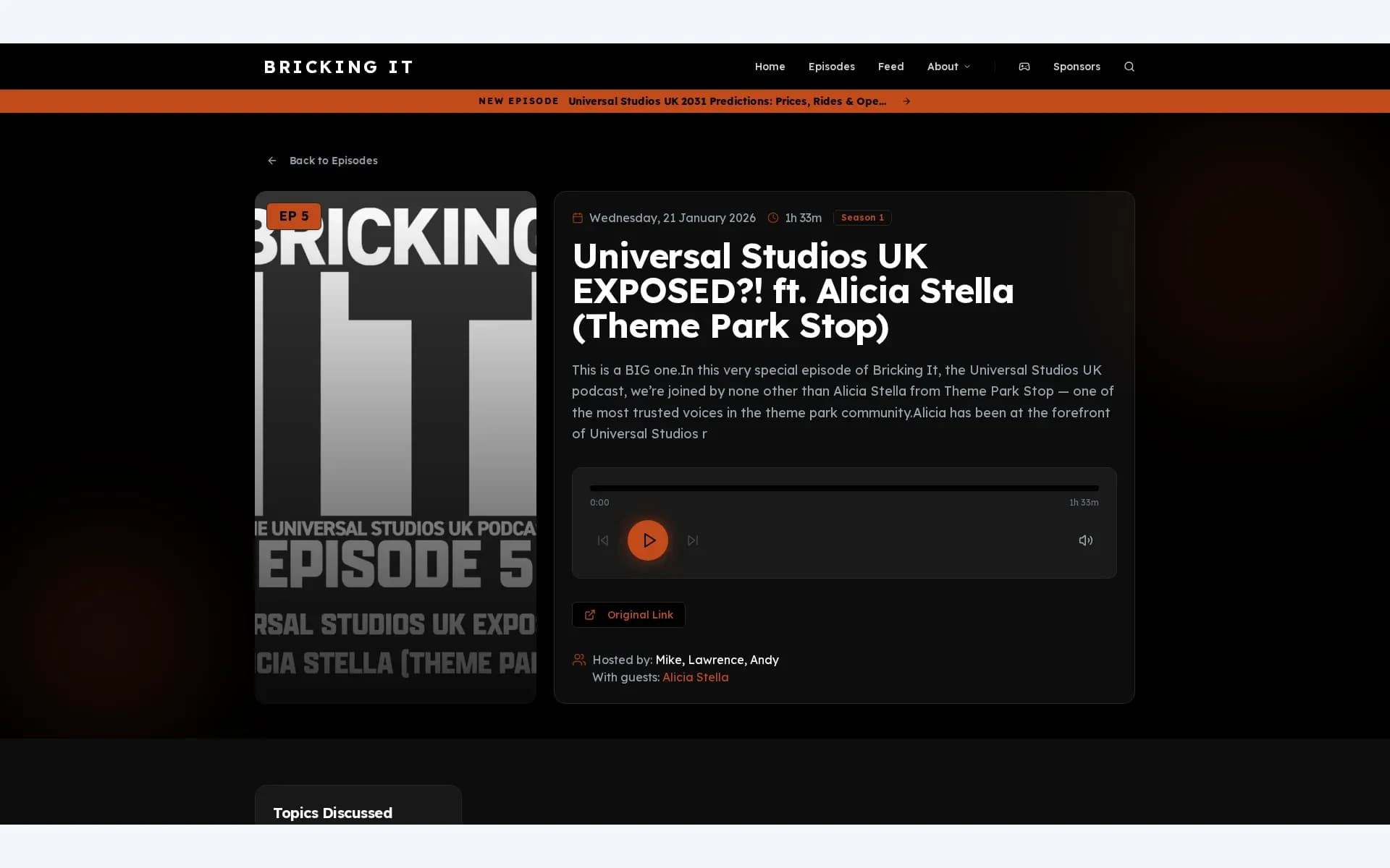 An interview episode page featuring Alicia Stella of Theme Park Stop