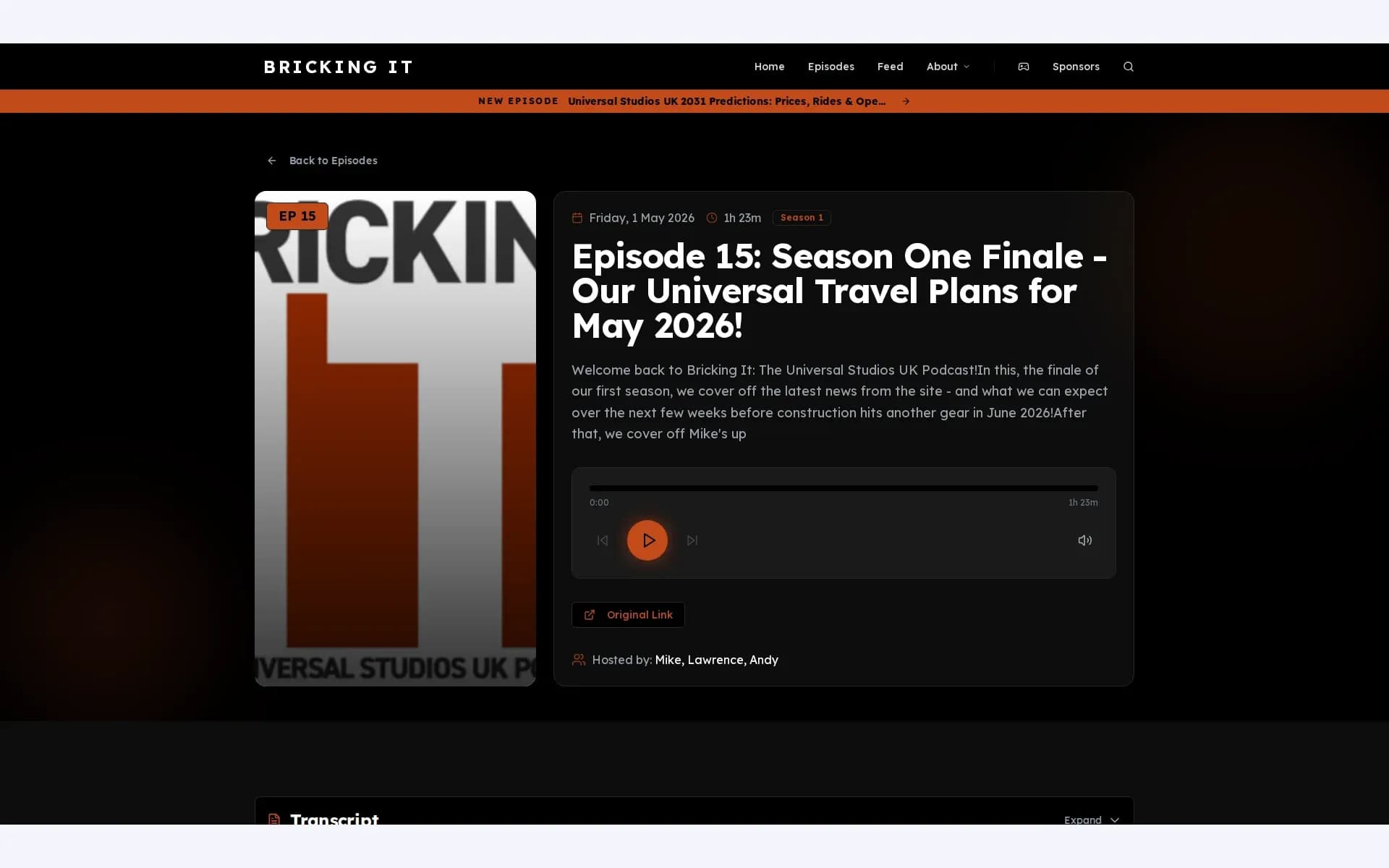 An episode page — the season one finale, with its show notes and player