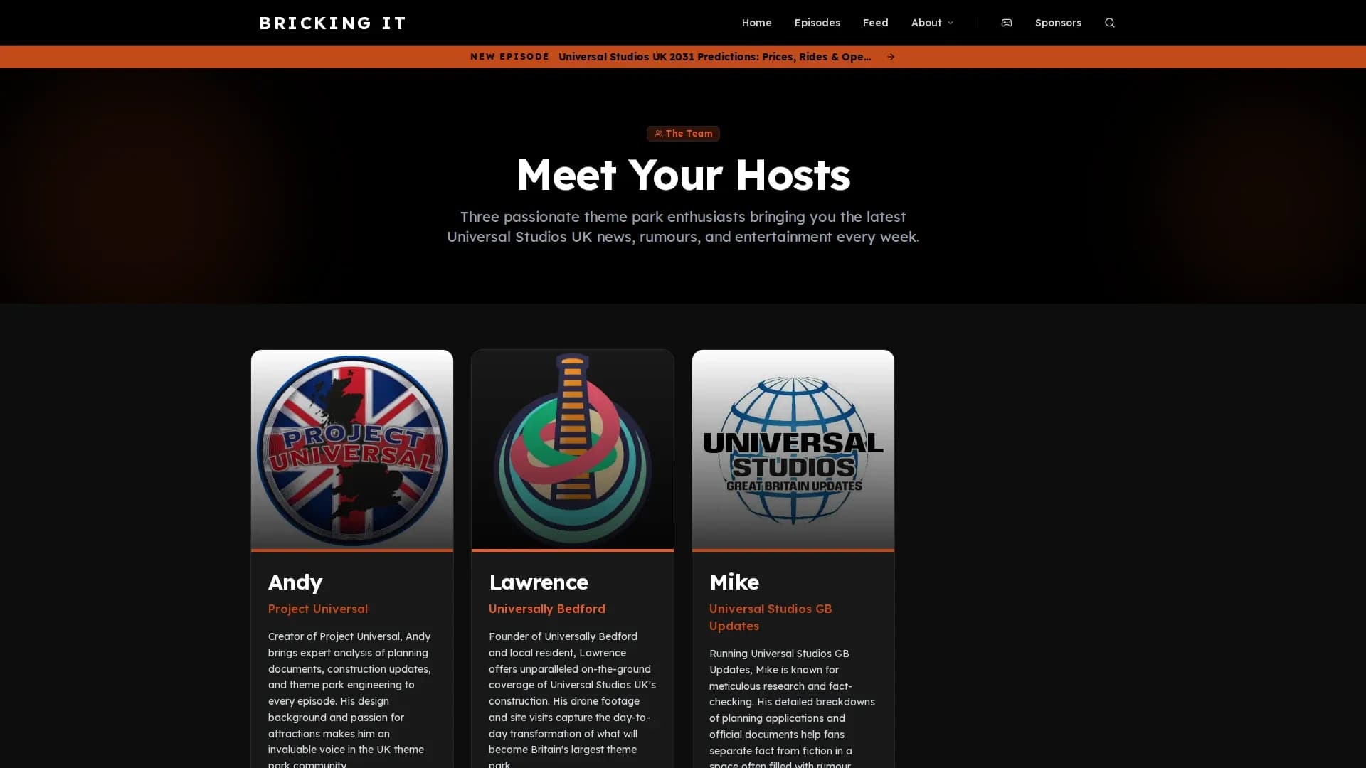 The Bricking It hosts page, listing the three shows behind the podcast
