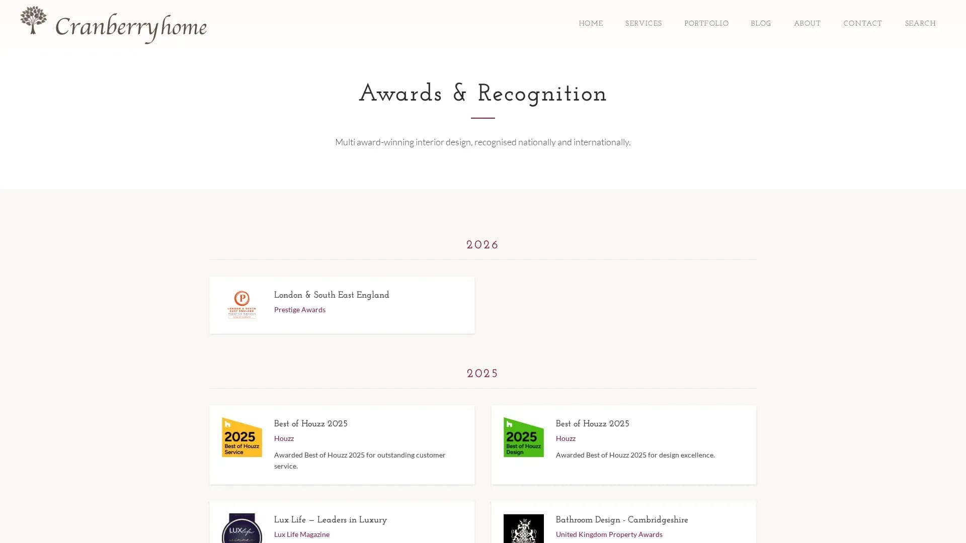 The awards and recognition page, listing thirteen national and international awards