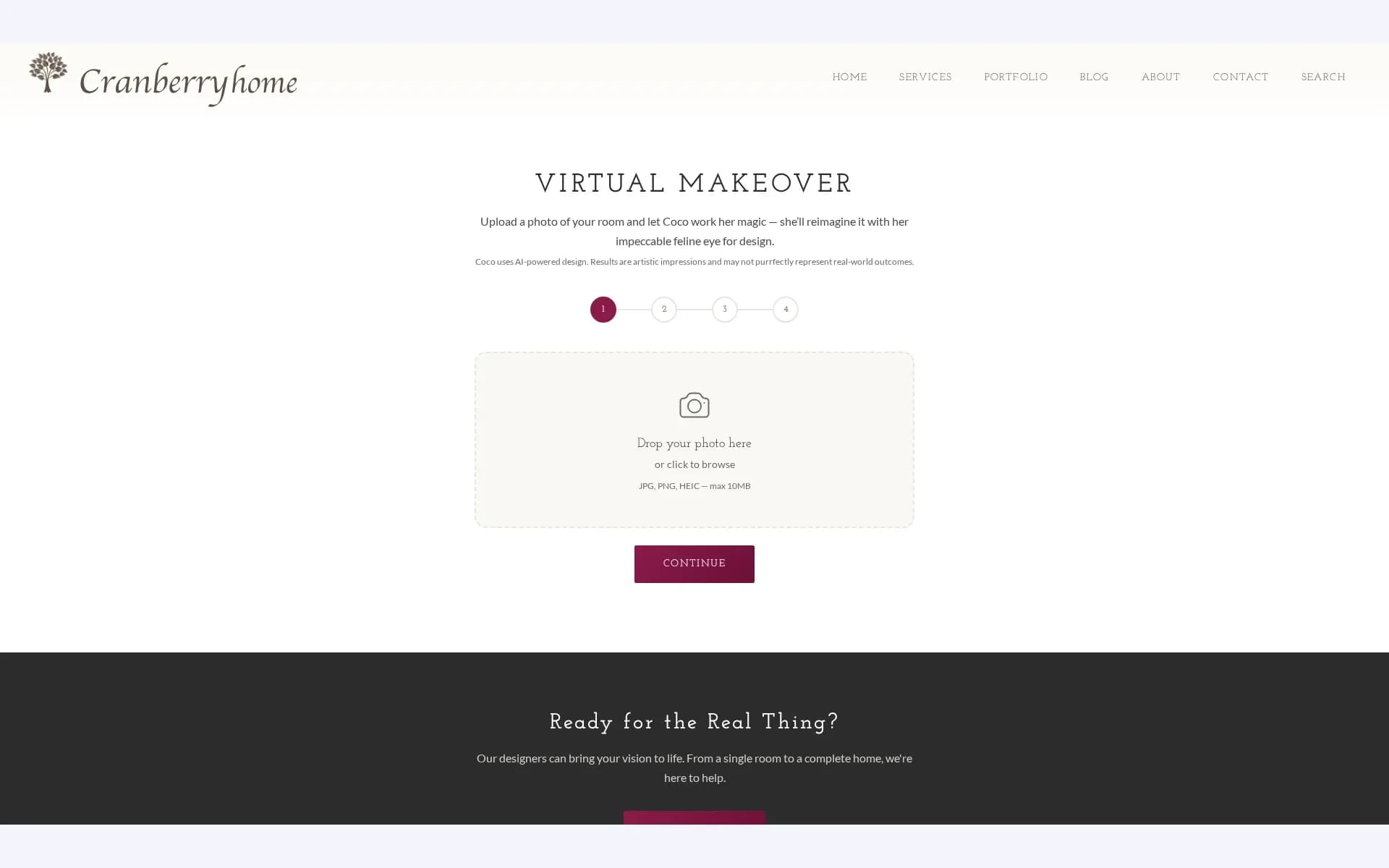 The Virtual Makeover tool — upload a room photo and the AI reimagines it in a chosen style
