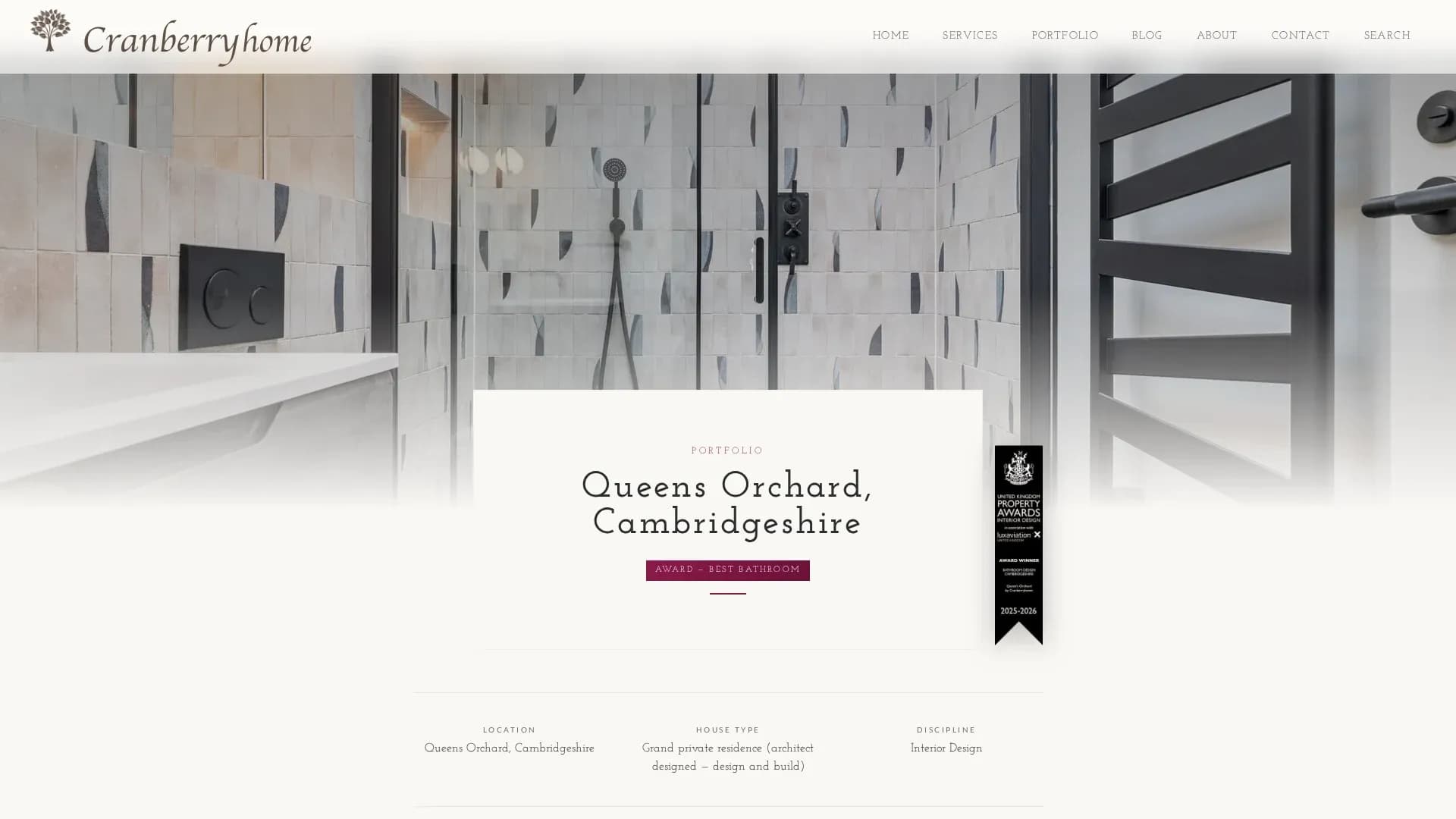 The Queens Orchard project page, carrying its UK Property Awards Best Bathroom badge alongside location, house type and discipline