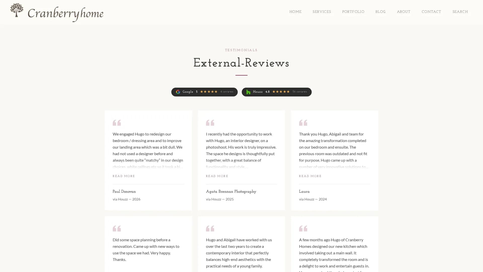 The external reviews page, collecting fifty-two independent client reviews