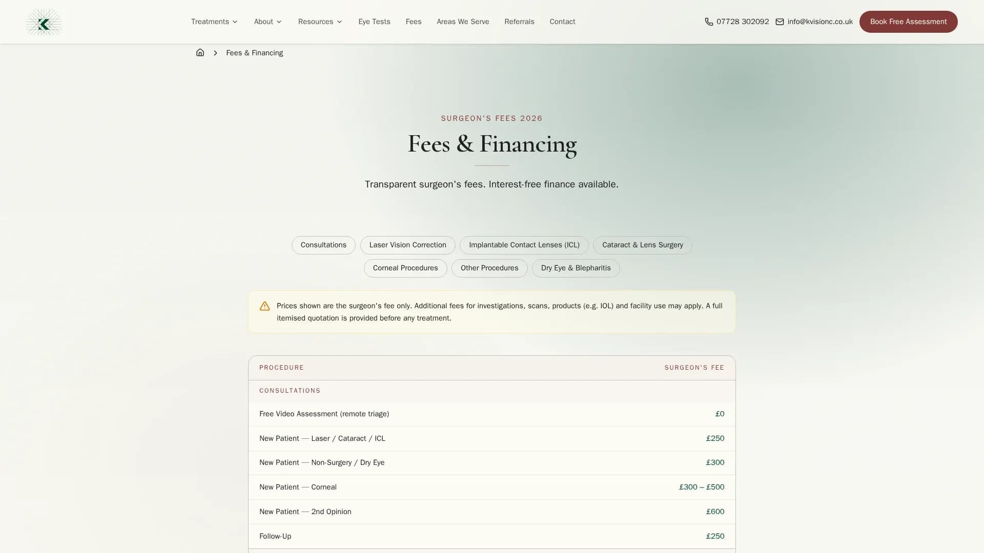 The K Vision Centre fees page