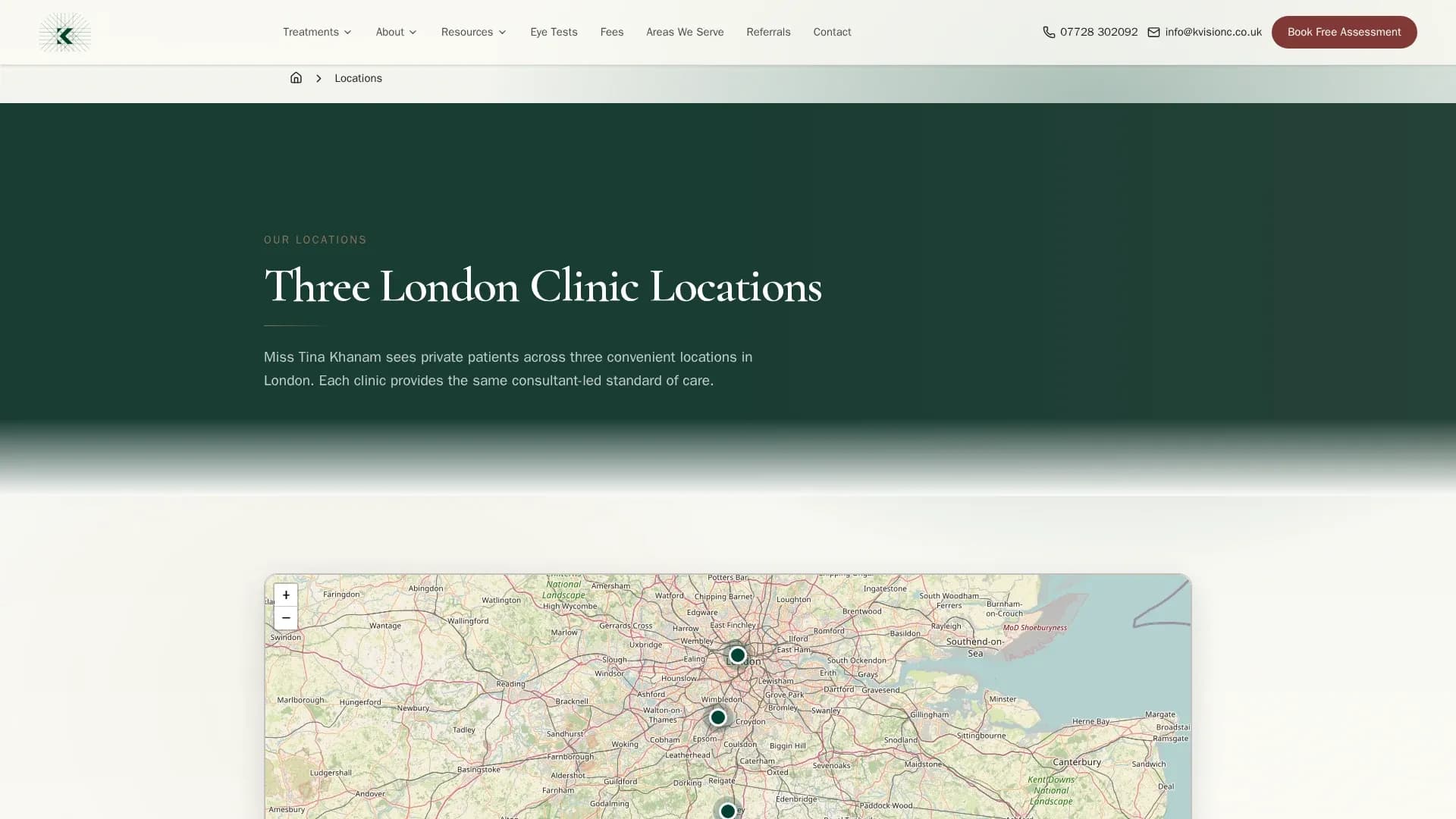 The six K Vision Centre clinic locations across London and Surrey