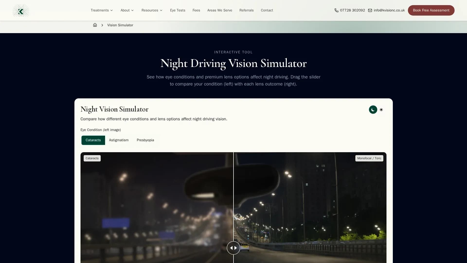 The Night Driving Vision Simulator — comparing an eye condition against each lens outcome