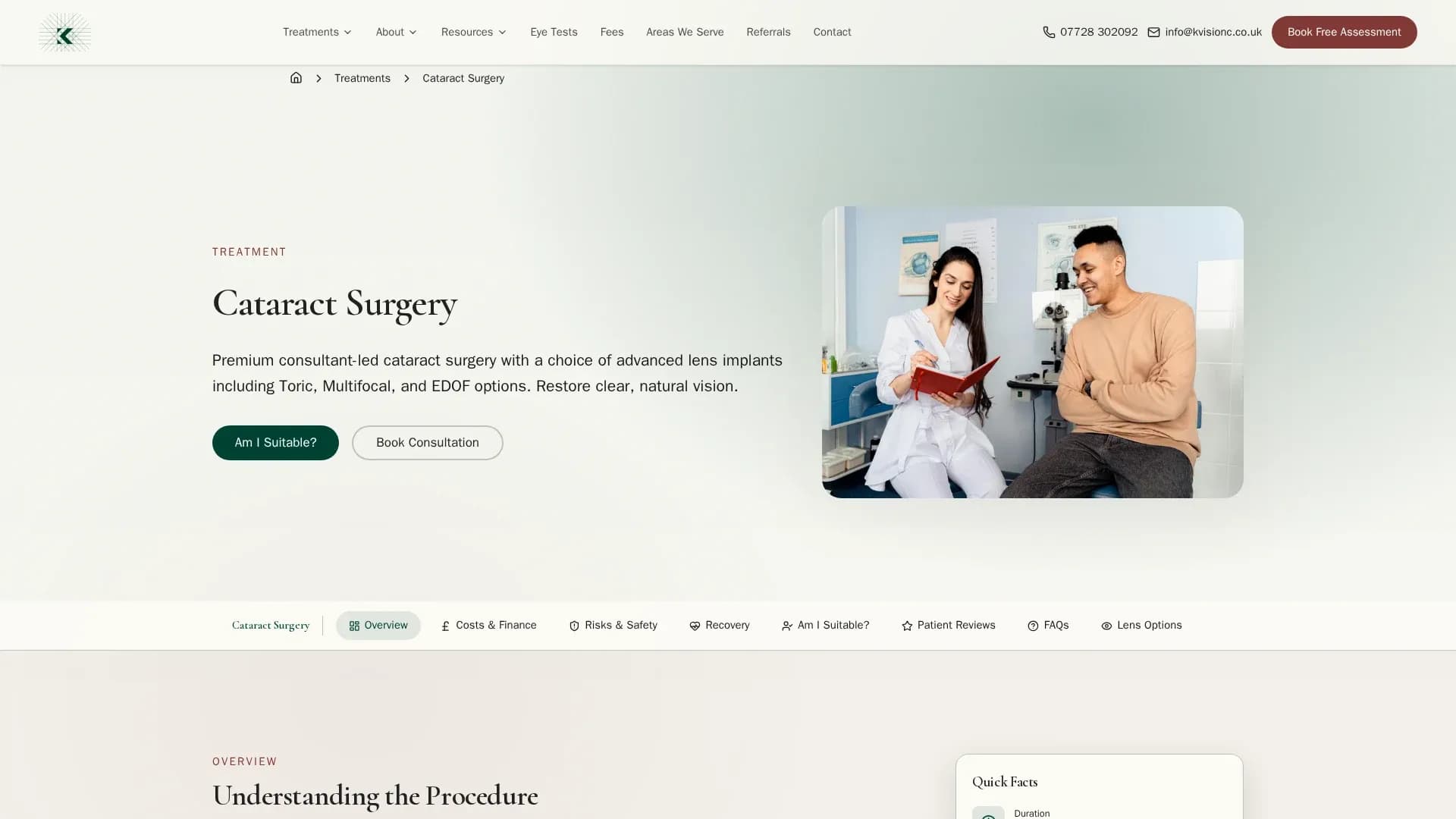 The cataract surgery page, with its tab strip: overview, costs, risks, recovery, suitability, reviews, FAQs and lens options