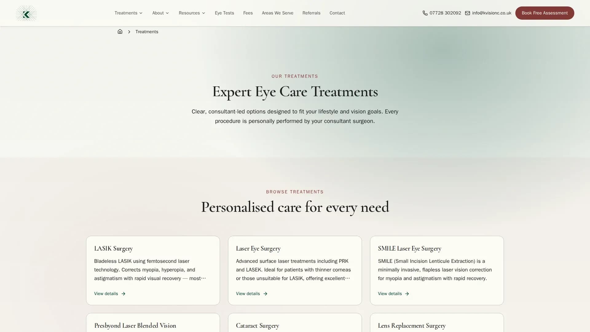 The K Vision Centre treatments index — sixteen procedures