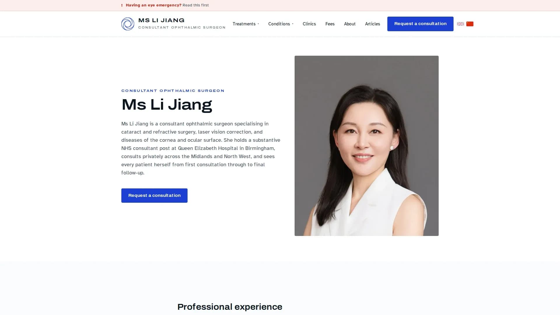 The About page — Ms Li Jiang, consultant ophthalmic surgeon at Queen Elizabeth Hospital Birmingham