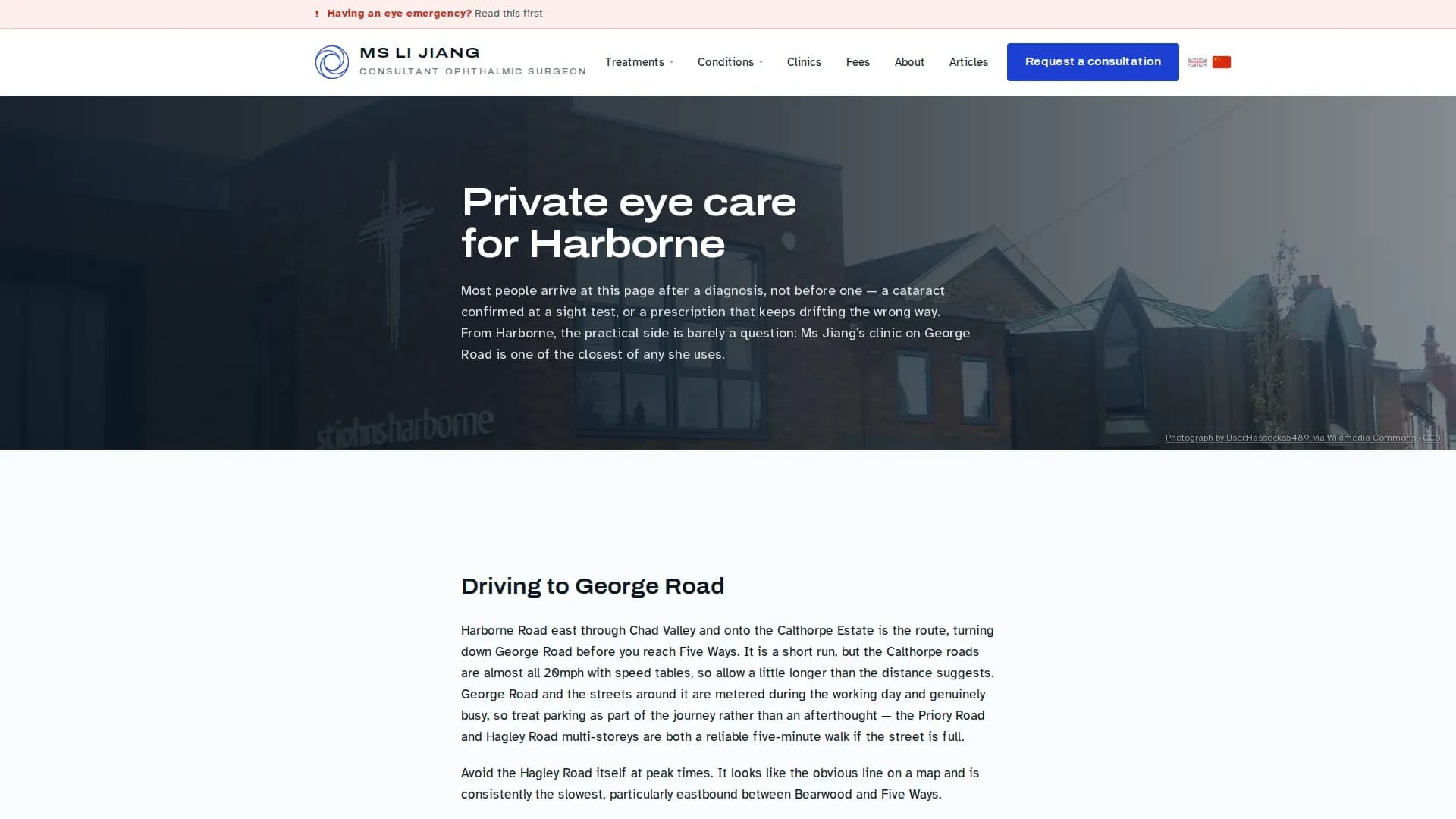 The Harborne area page — driving and parking advice for Ms Jiang’s George Road clinic in Birmingham