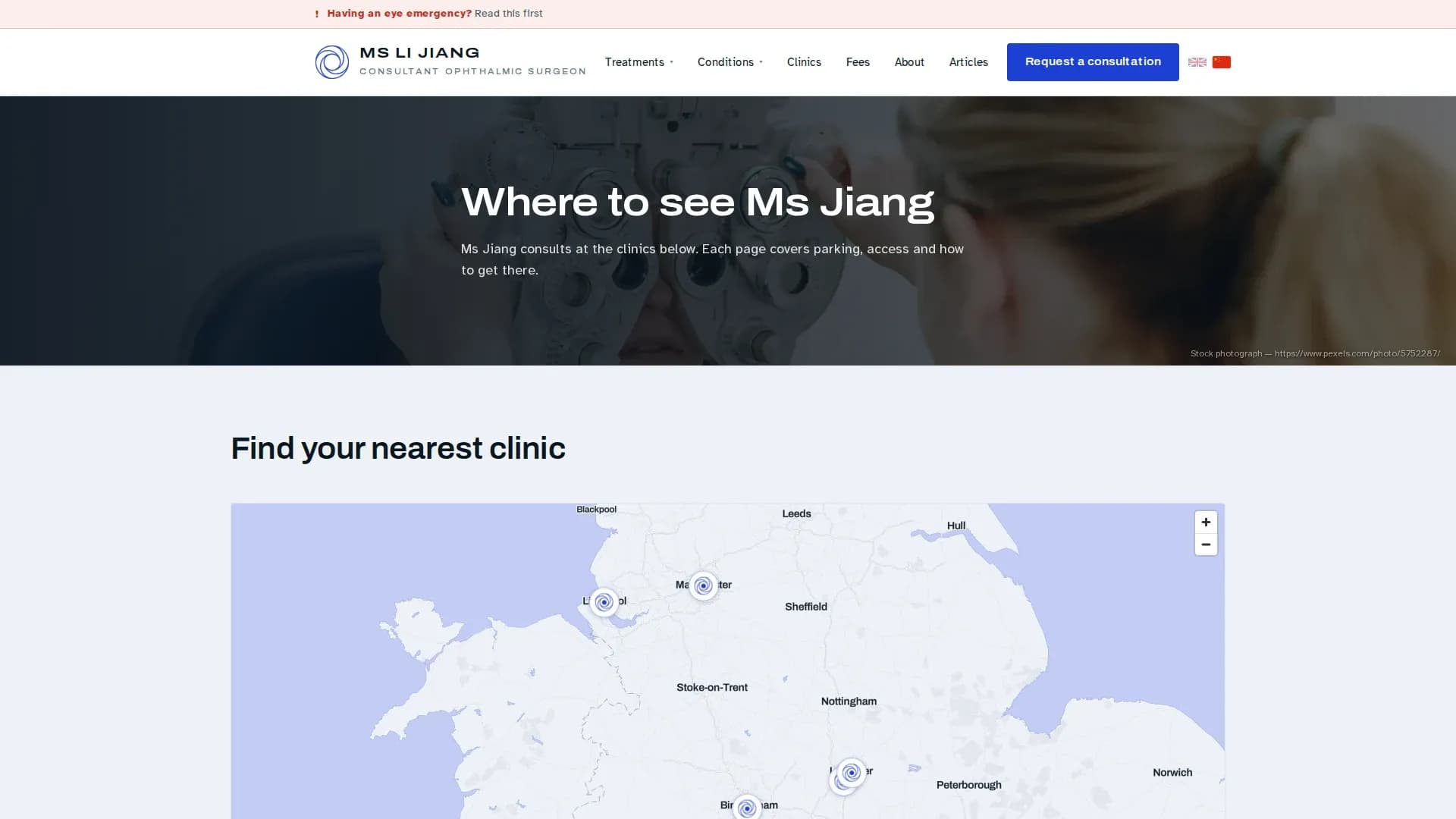 The clinic map — Ms Jiang’s clinics in Birmingham, Leicester, Manchester and Liverpool