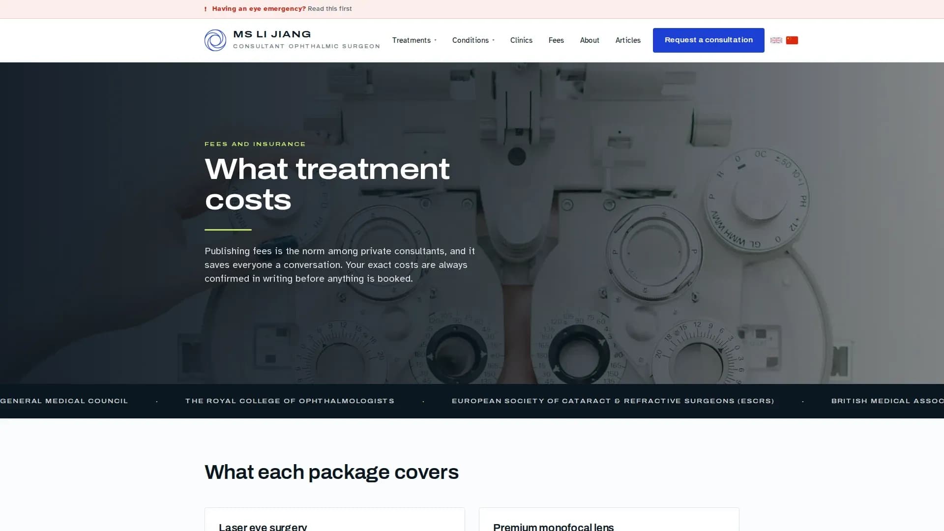 The fees and insurance page — what treatment costs, confirmed in writing before anything is booked