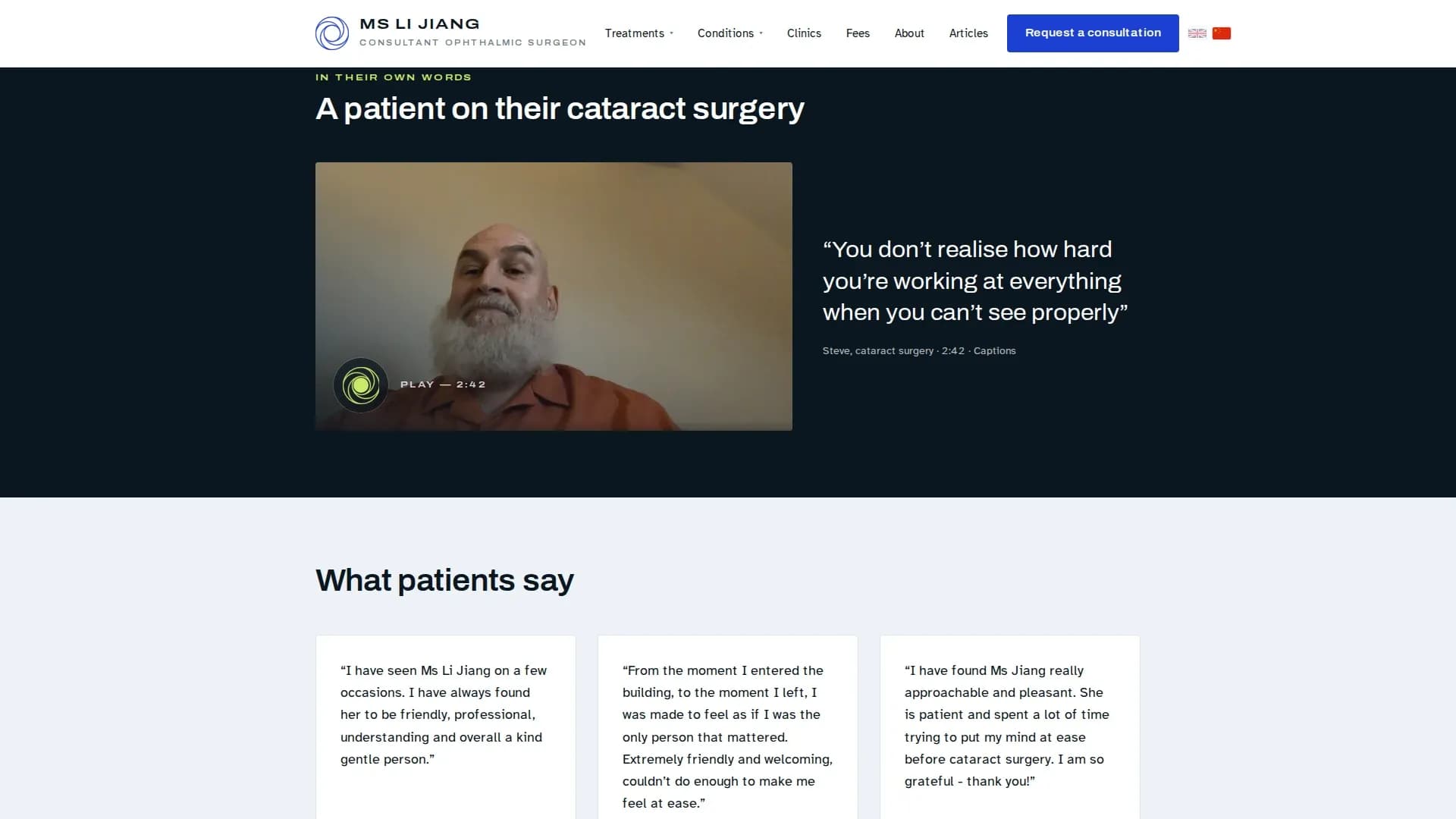 The homepage film from Steve sitting above written patient reviews