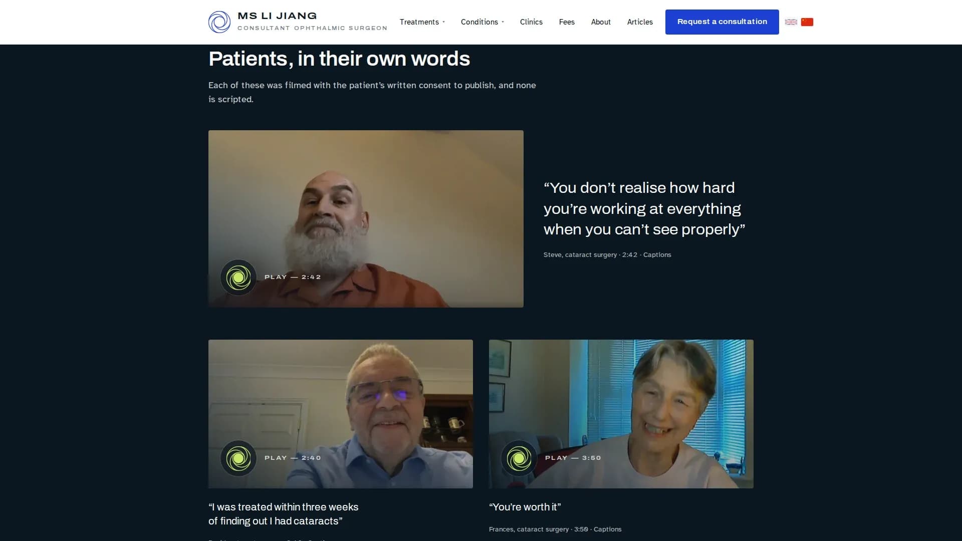 The patient stories page — three captioned films from Steve, David and Frances, each on their cataract surgery