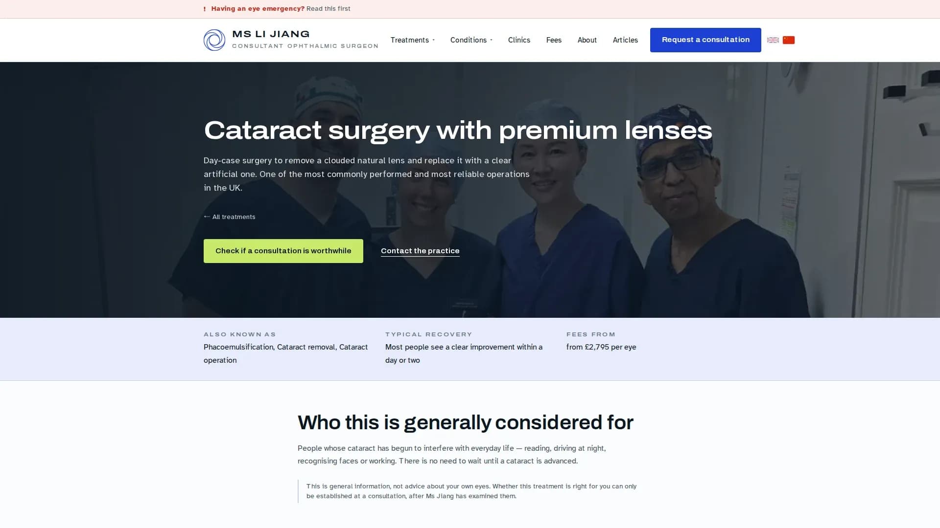 The cataract surgery page with Ms Jiang and her theatre team, recovery time and fees from £2,795 per eye