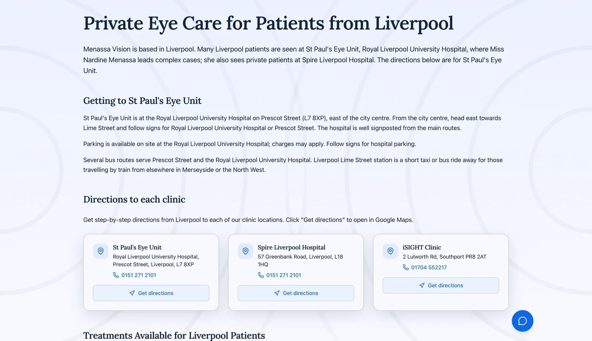 The Liverpool area page — one of nine local pages, with directions to each clinic