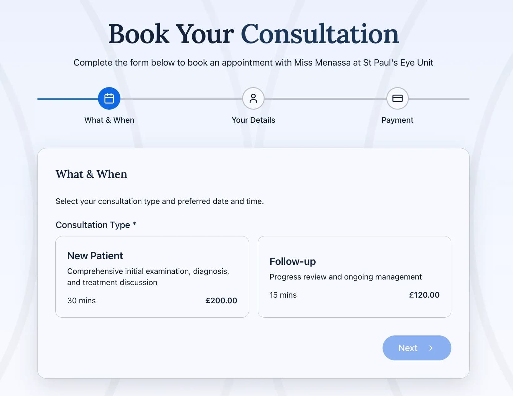 The Menassa Vision booking flow — consultation type, date and payment in three steps