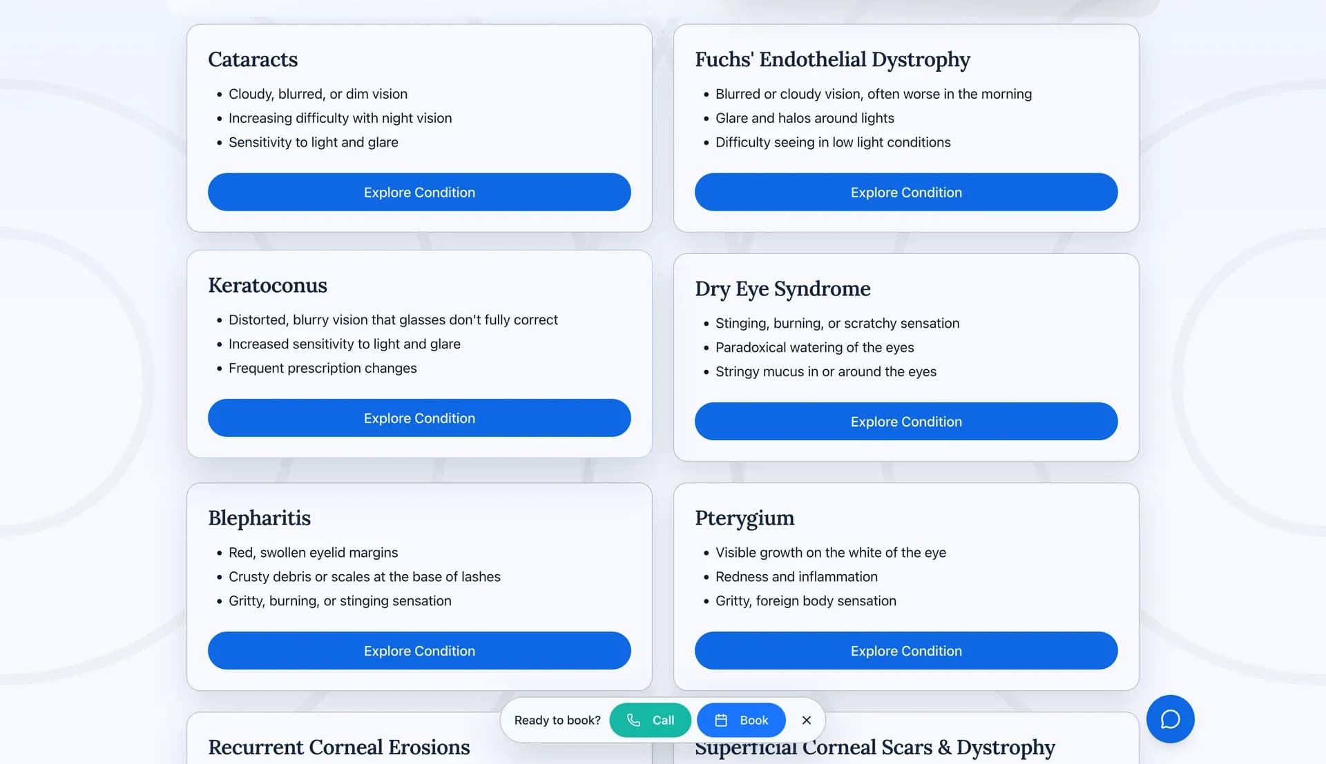 The Menassa Vision conditions library, each condition linking to the treatment that resolves it