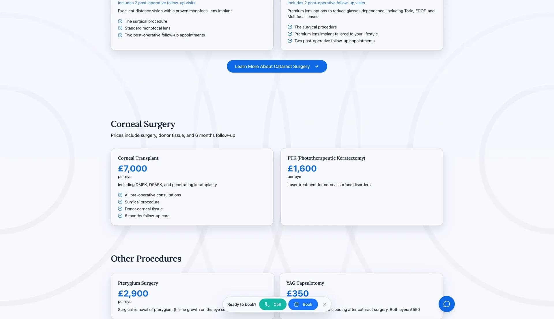 The Menassa Vision fees page listing the price of each procedure with what is included
