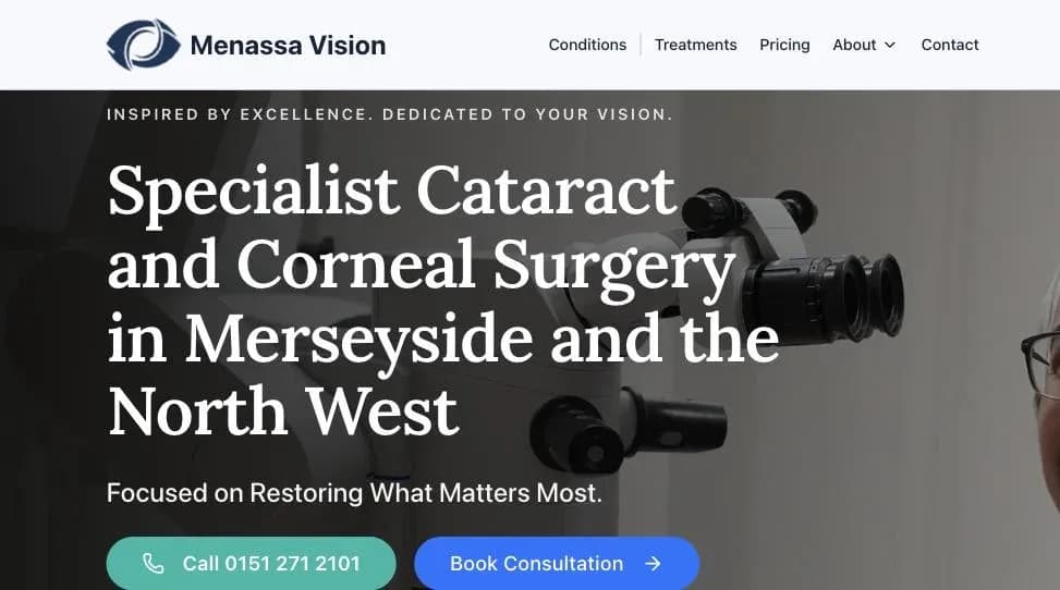 The Menassa Vision homepage — Miss Nardine Menassa in theatre above the practice’s opening promise