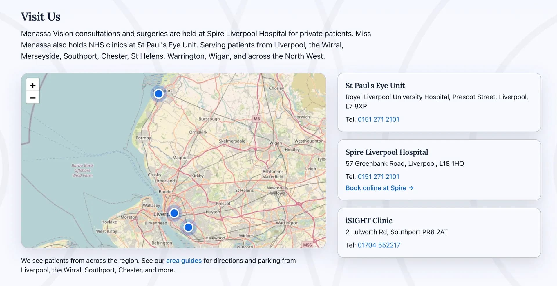 The Menassa Vision clinic map covering Merseyside, with St Paul’s Eye Unit, Spire Liverpool and the iSIGHT Clinic in Southport