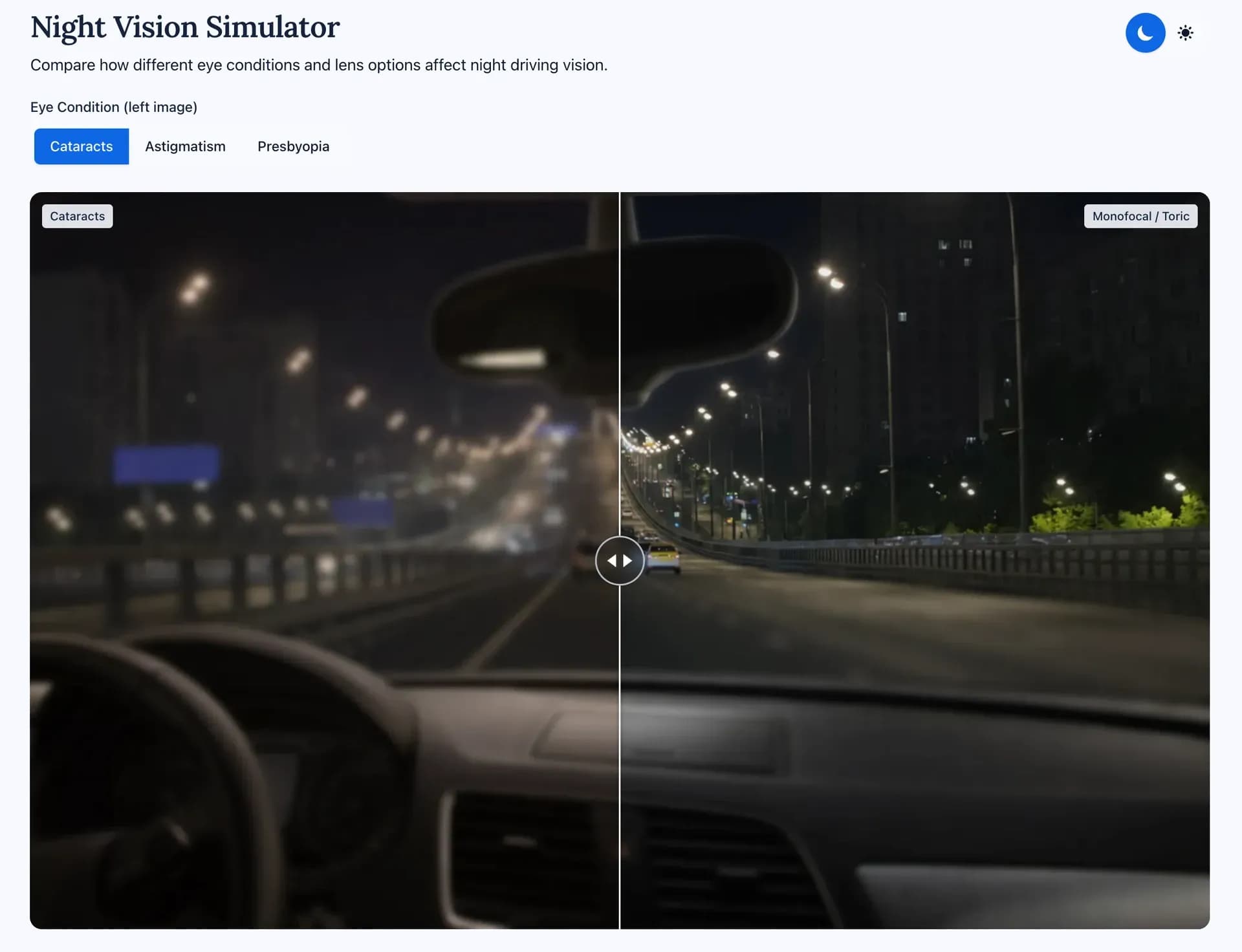 The night-driving comparison in the Lens Vision Simulator — cataract vision on the left, a monofocal implant on the right