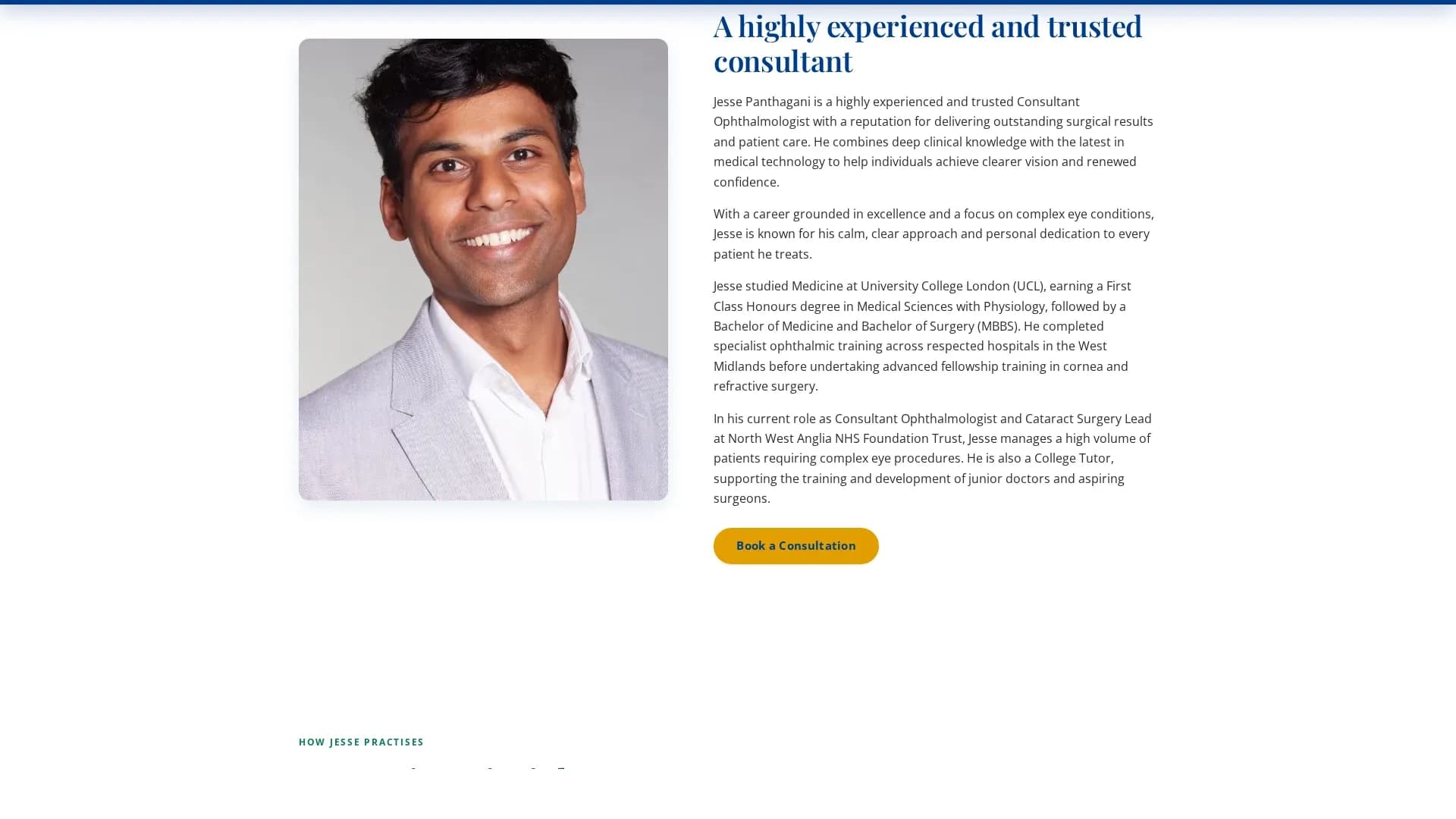 The surgeon biography page for Mr Jesse Panthagani, with his four practice principles