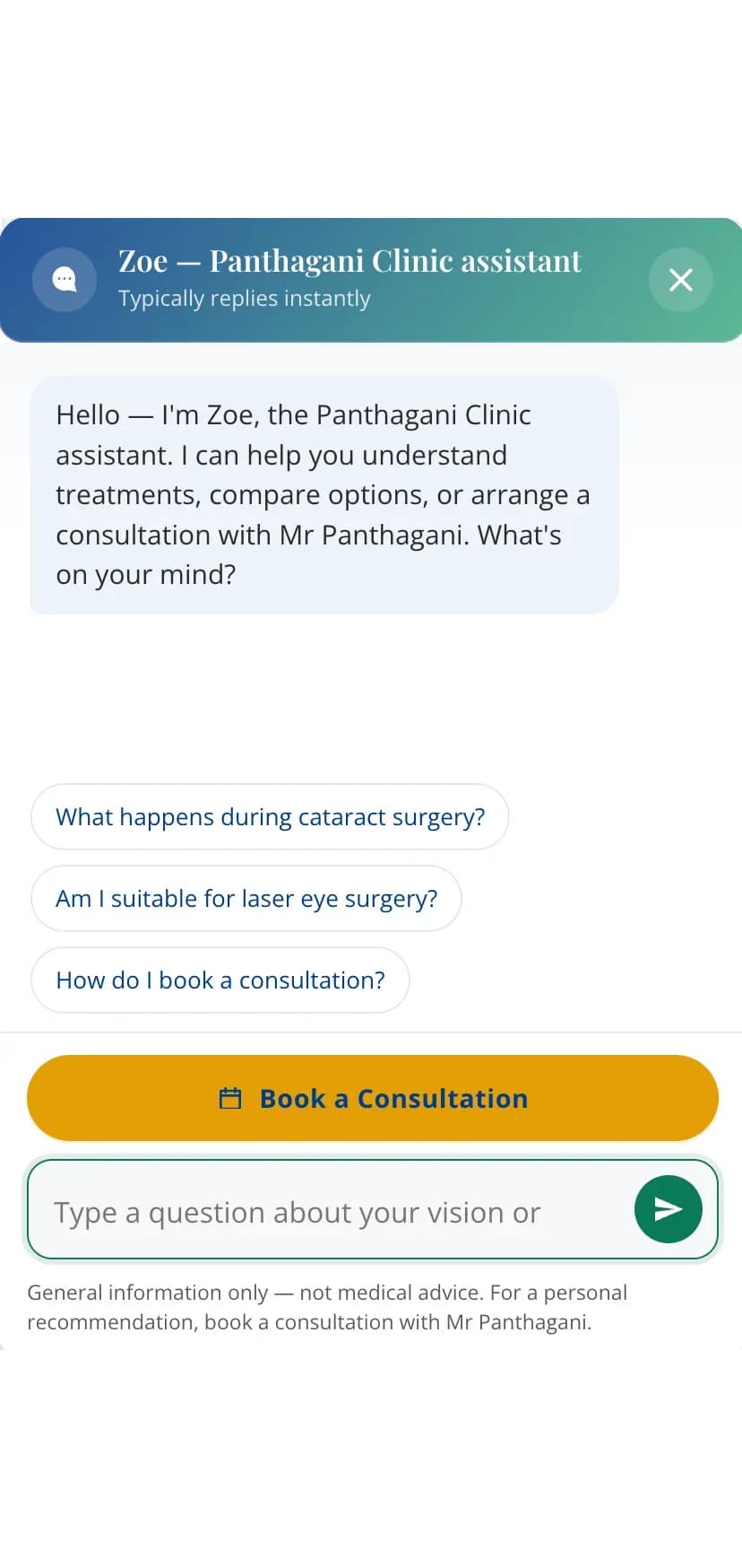 Zoe, the Panthagani Clinic AI assistant, greeting a visitor with suggested questions and a one-tap “Book a Consultation” shortcut