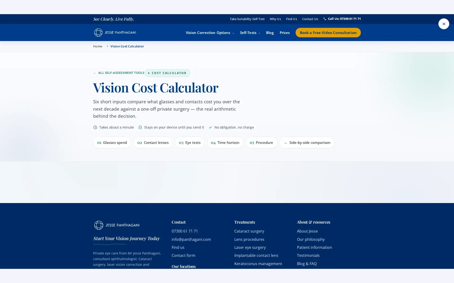 The vision cost calculator — six inputs comparing a decade of glasses and contacts against one-off surgery