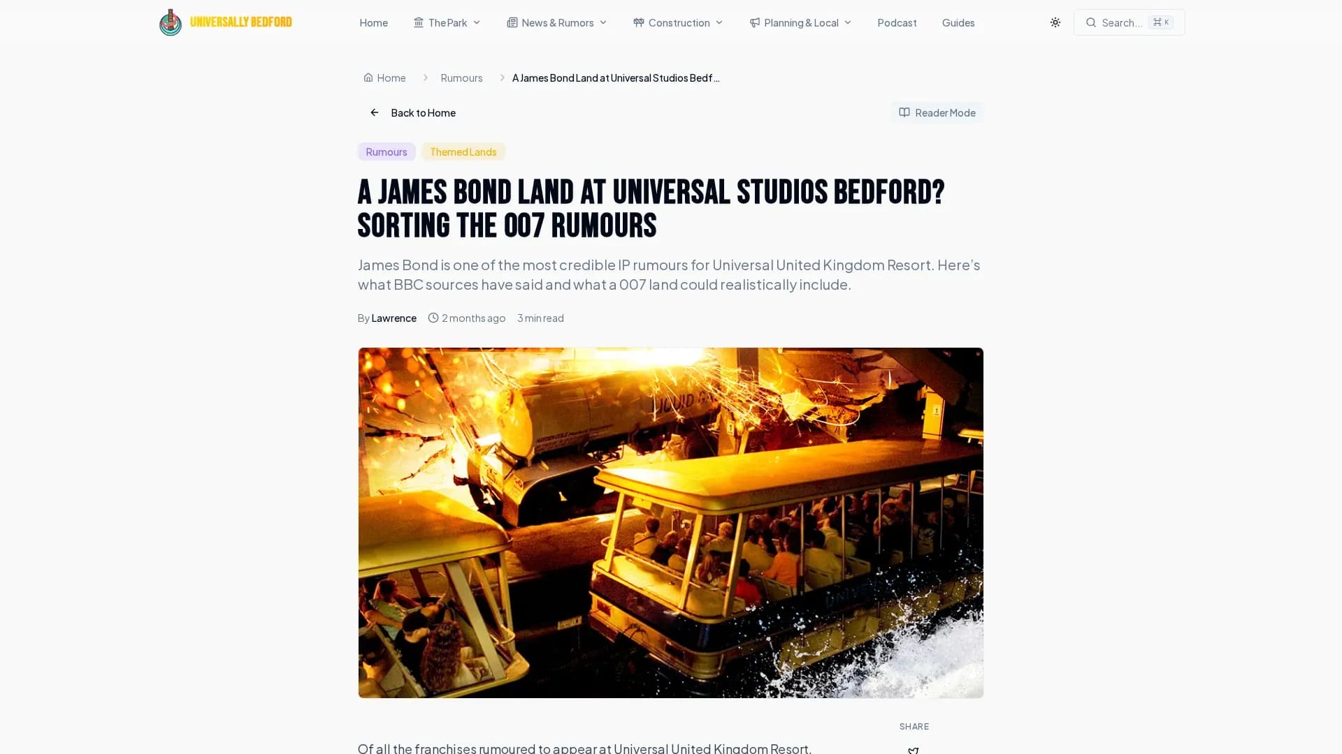A rumour article weighing the evidence for a James Bond land at Universal UK