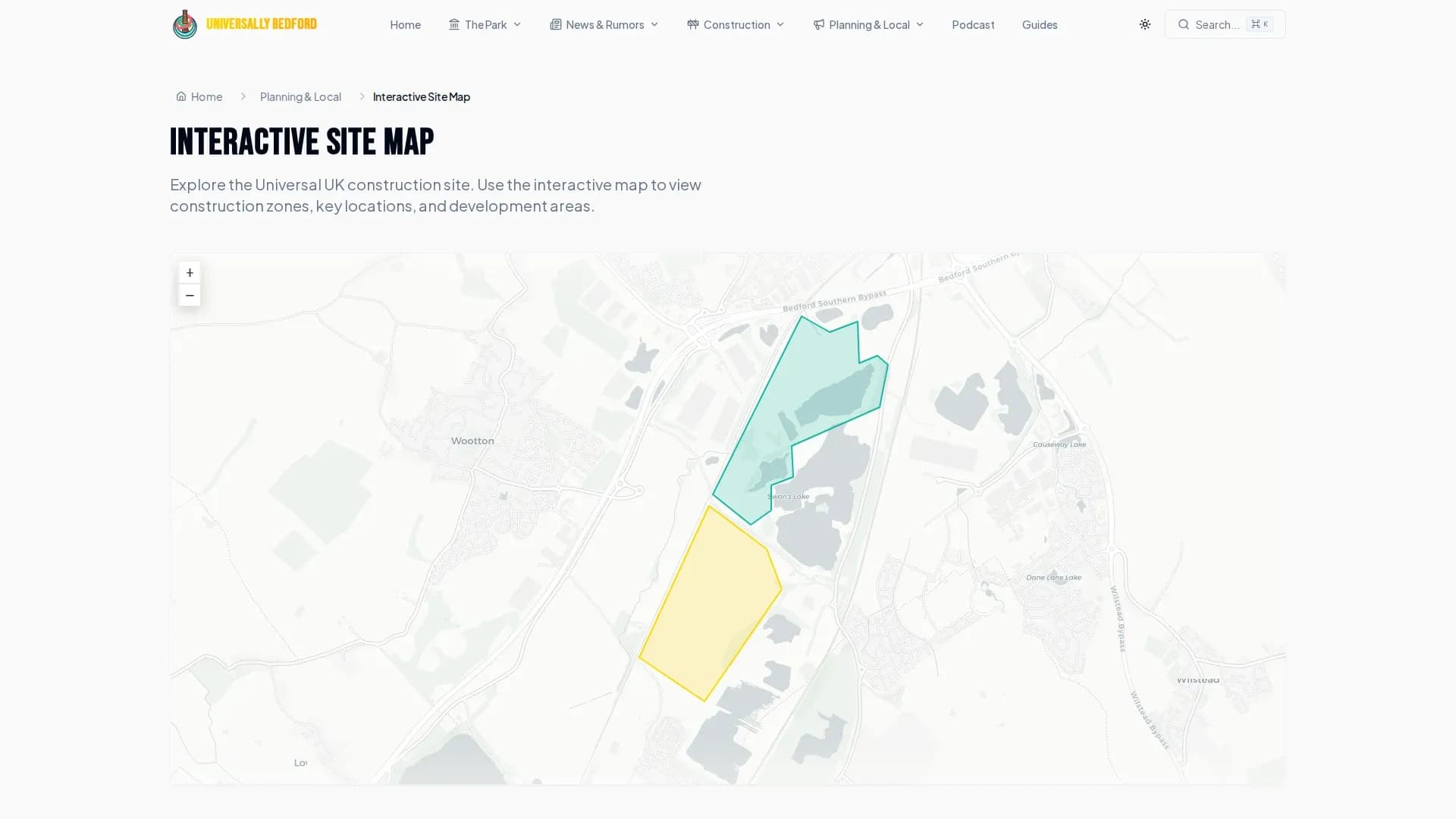 The interactive site map, showing the Universal UK construction zones over Wootton and Wixams
