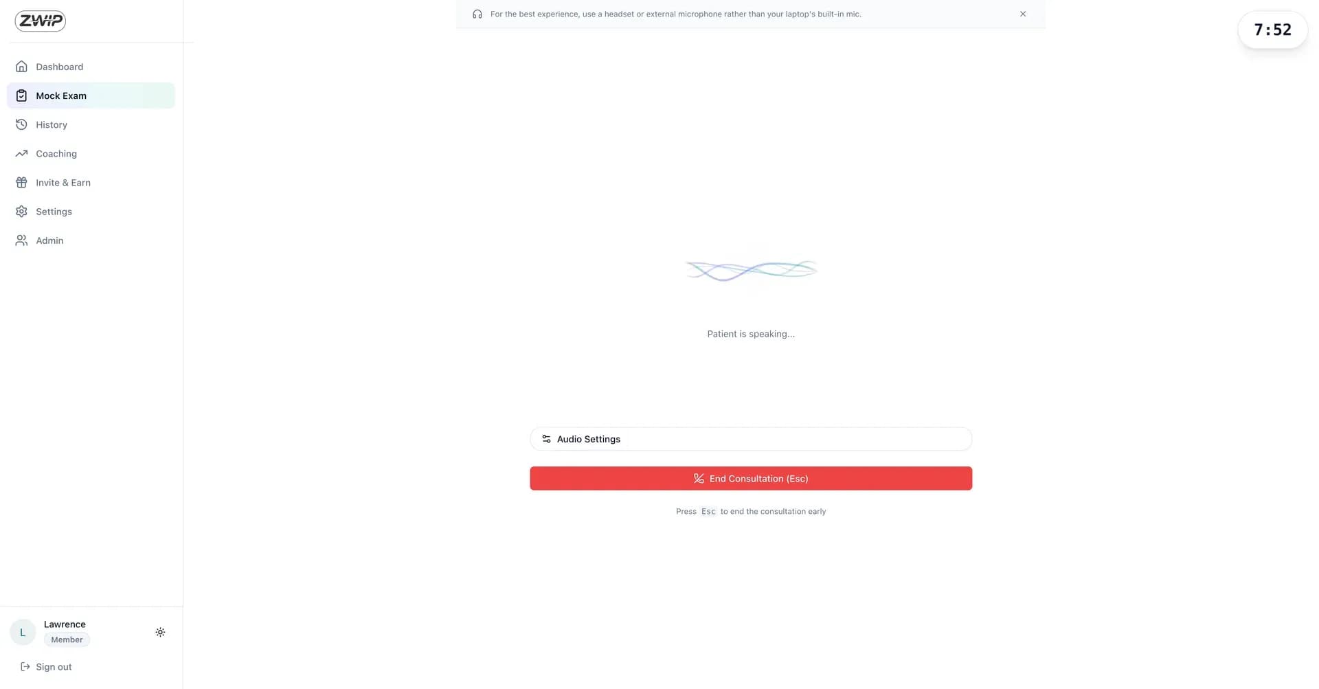 A live ZWIP voice consultation in progress — the AI simulated patient is speaking