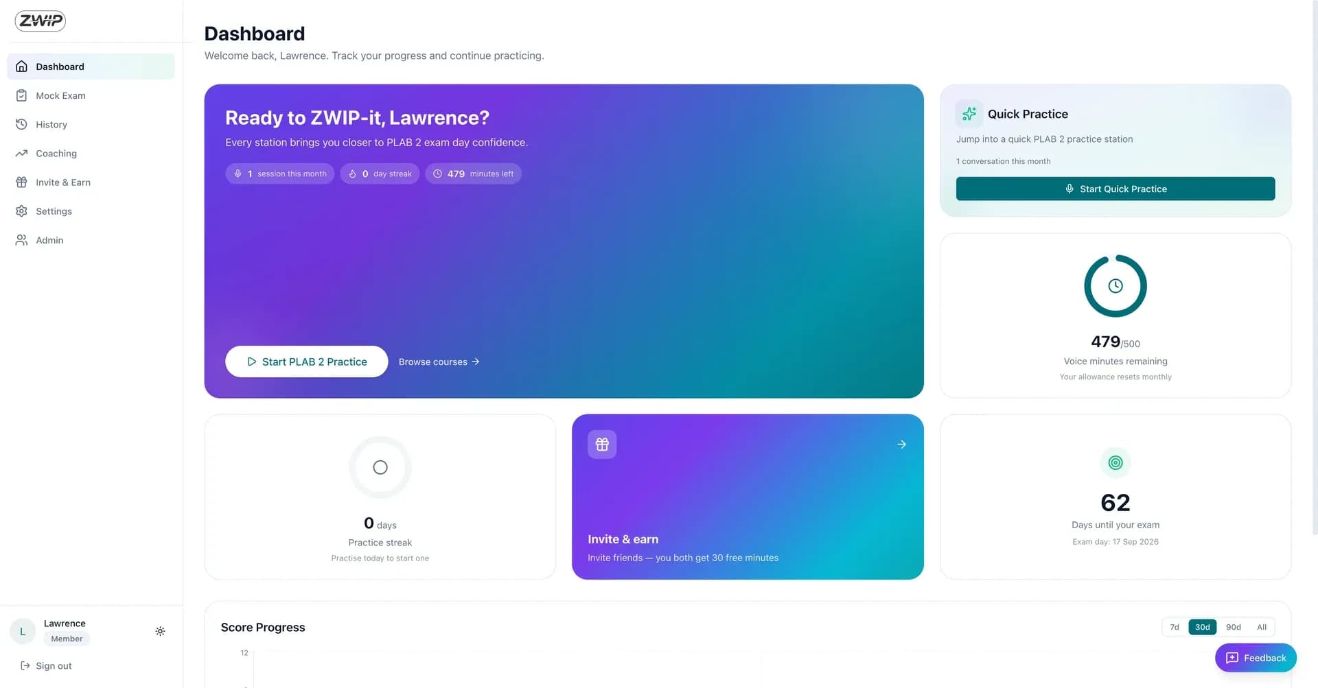 The ZWIP dashboard showing voice minutes remaining, exam countdown and score progress