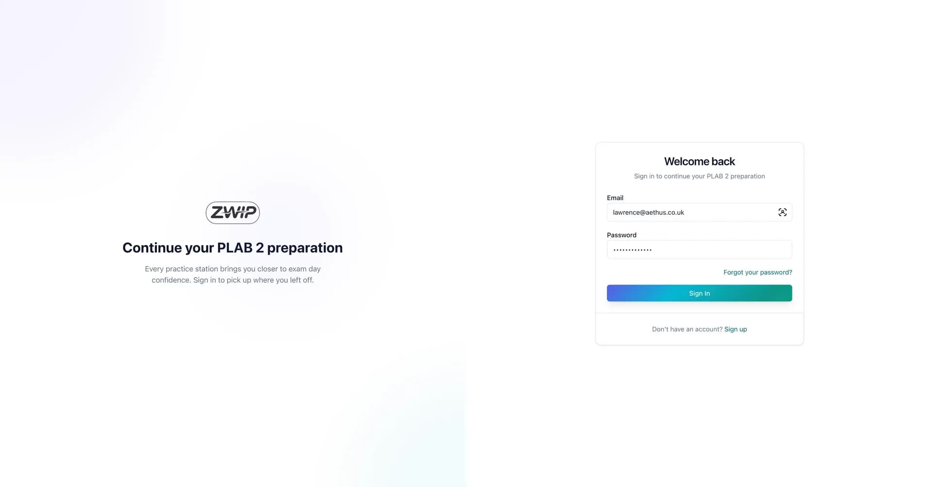 The ZWIP sign-in screen, showing the brand identity and design system