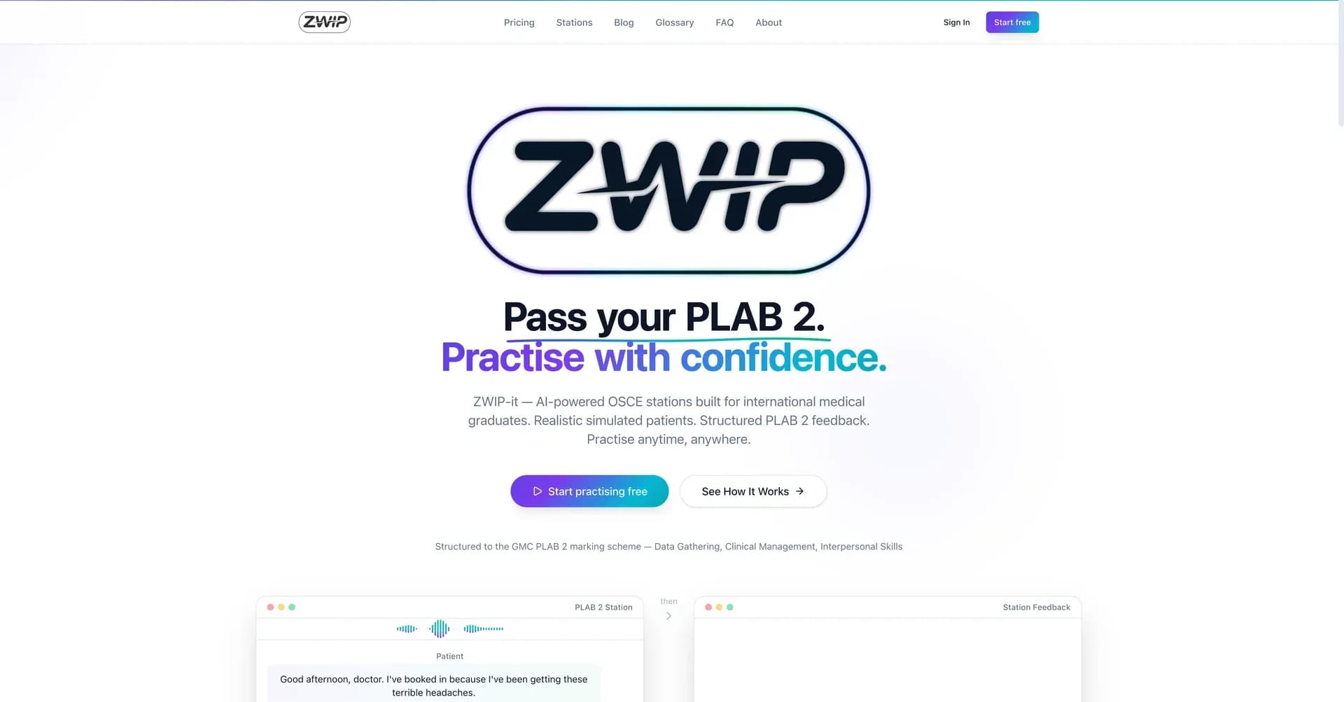ZWIP homepage — AI-powered PLAB 2 OSCE practice with realistic simulated patients