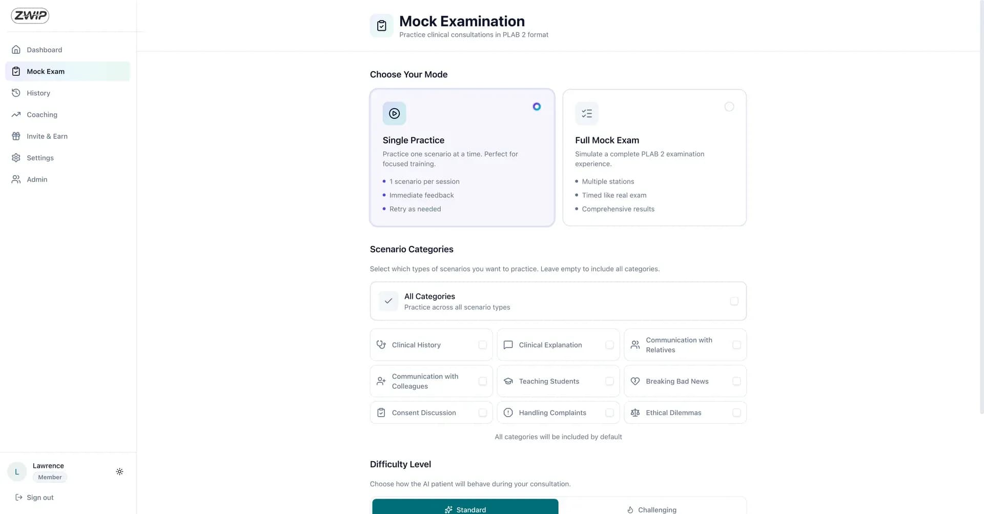 Configuring a single practice station or a full timed mock exam in ZWIP