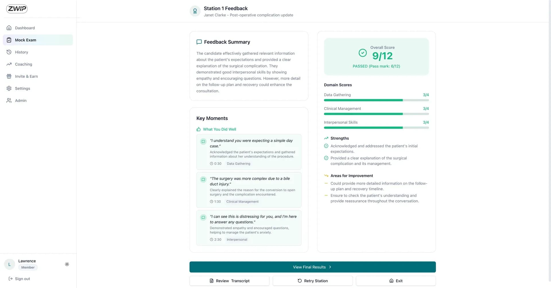 ZWIP station feedback scoring 9 out of 12, broken down across the three GMC domains