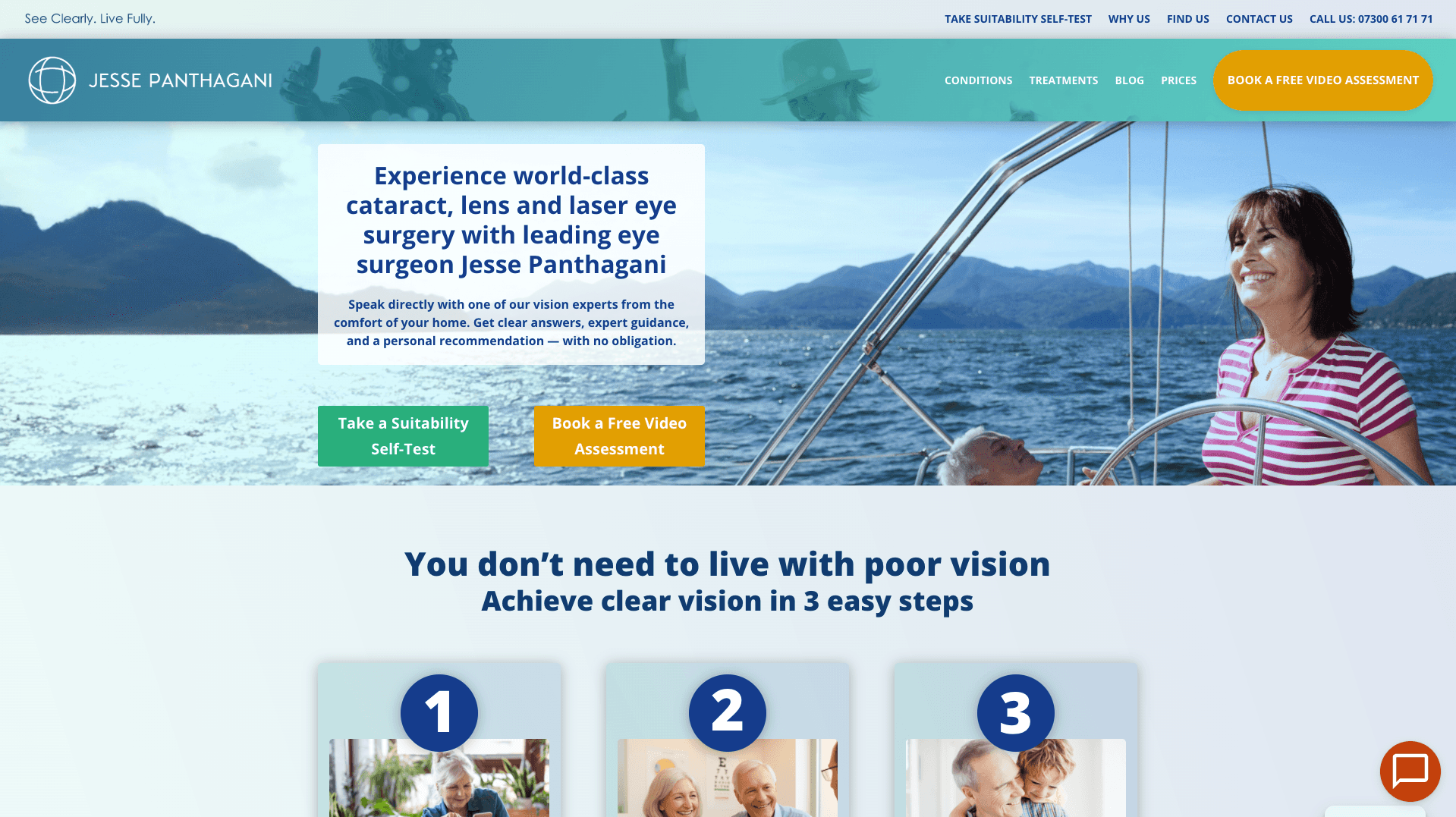 A bright, inviting website promotes eye surgery services, featuring a serene background of water and mountains, with clear call-to-action buttons.